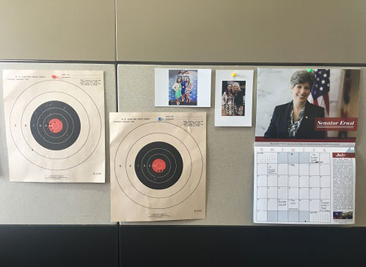 Dani get your gun: Dani displays her shooting targets at her CBLPI desk